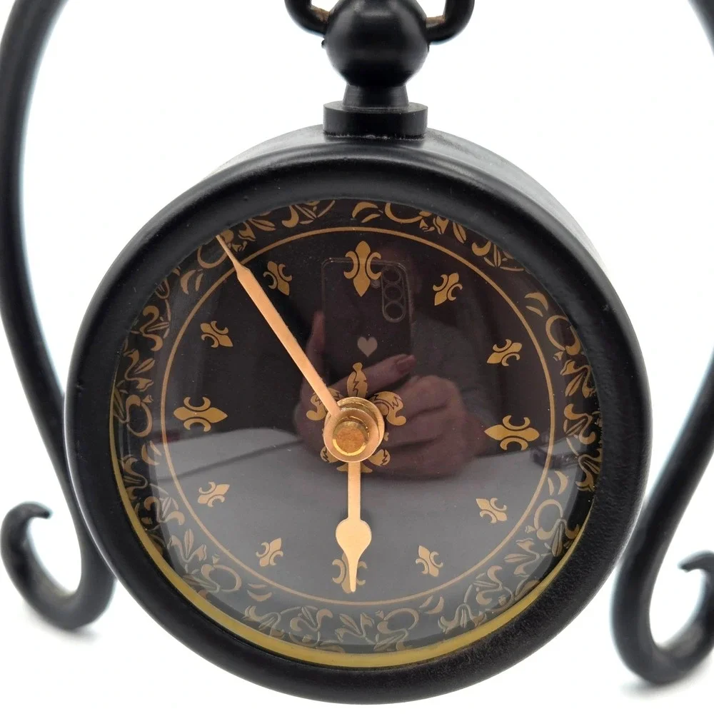 Vintage Black Metal ‎ Swinging Clock, Table Clock, Farmhouse Works Great